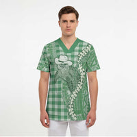 Green Hawaii Palaka Cowboy Turtle Scrub Top Hawaiian Paniolo Puakenikeni Maile Lei - Polynesian Pride