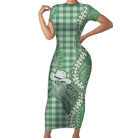 Green Hawaii Palaka Cowboy Turtle Short Sleeve Bodycon Dress Hawaiian Paniolo Puakenikeni Maile Lei - Polynesian Pride