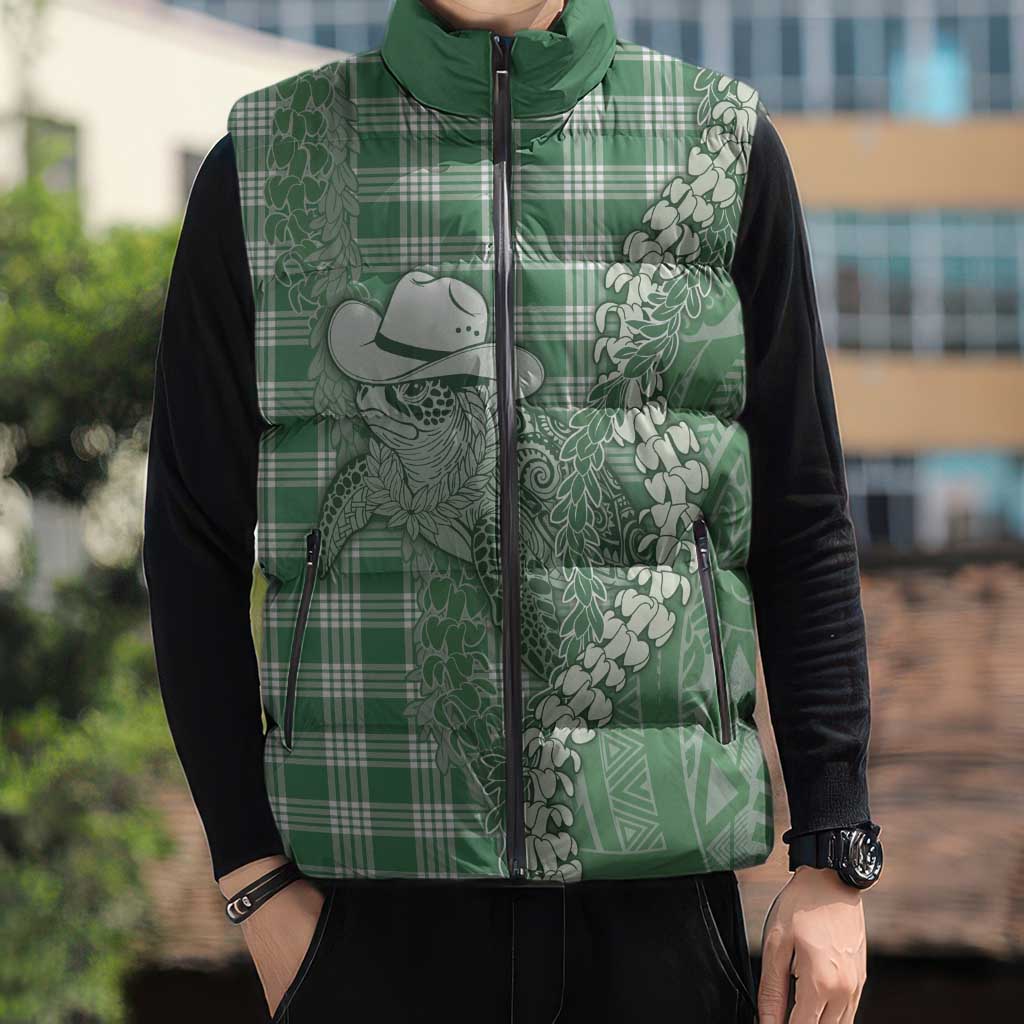 Green Hawaii Palaka Cowboy Turtle Sleeveless Puffer Jacket Hawaiian Paniolo Puakenikeni Maile Lei - Polynesian Pride