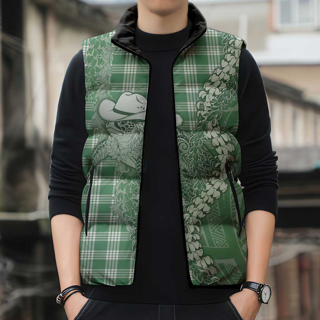 Green Hawaii Palaka Cowboy Turtle Sleeveless Puffer Jacket Hawaiian Paniolo Puakenikeni Maile Lei - Polynesian Pride