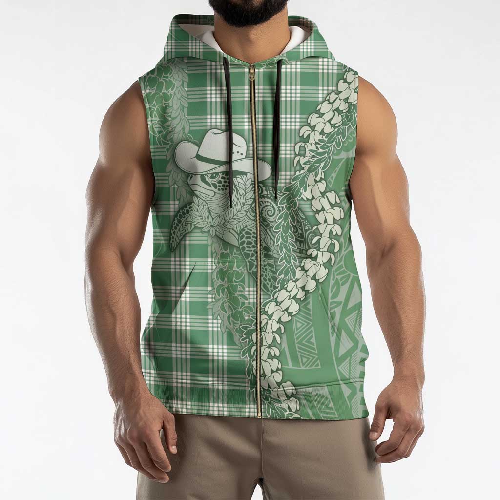 Green Hawaii Palaka Cowboy Turtle Sleeveless Zip Hoodie Hawaiian Paniolo Puakenikeni Maile Lei - Polynesian Pride