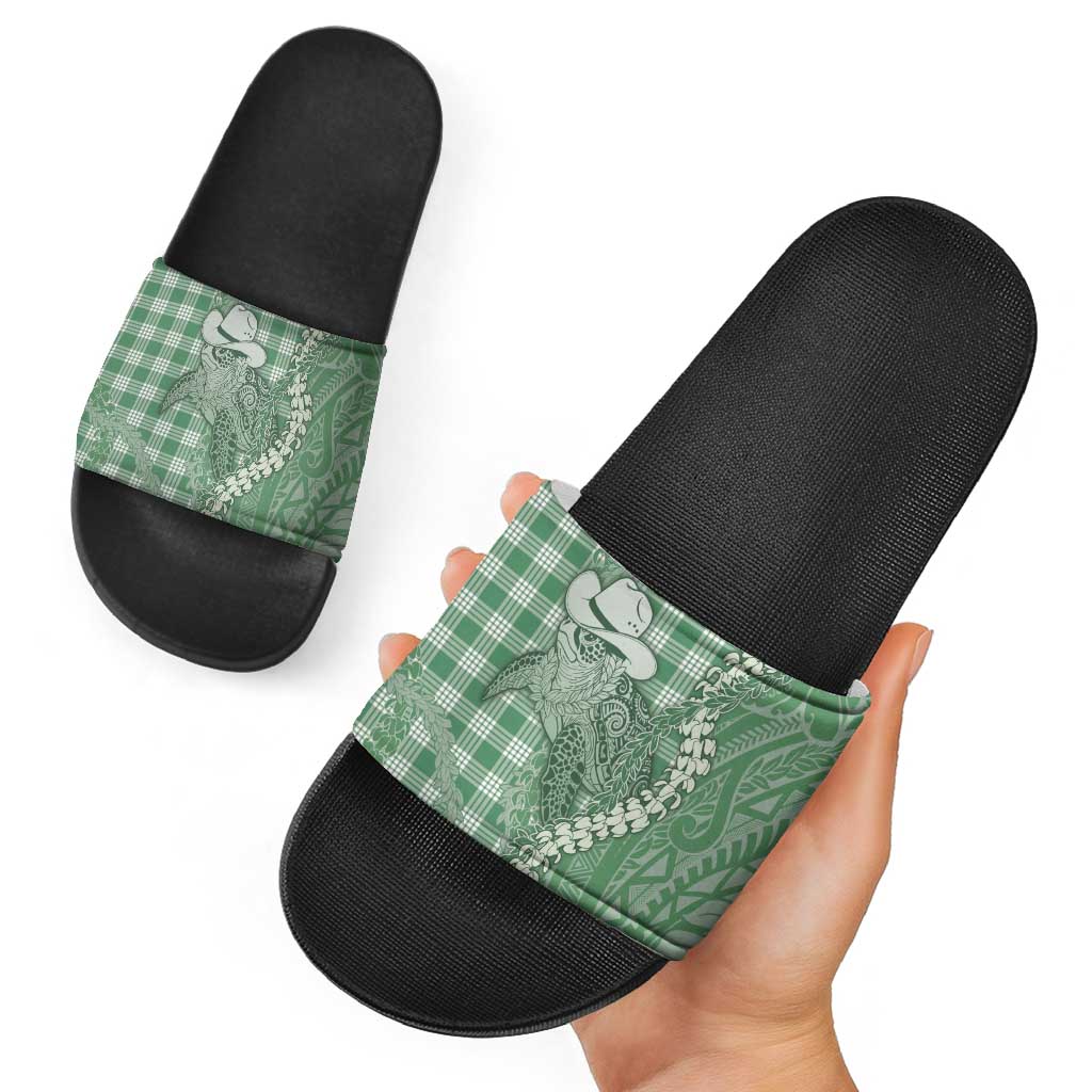 Green Hawaii Palaka Cowboy Turtle Slide Sandals Hawaiian Paniolo Puakenikeni Maile Lei - Polynesian Pride