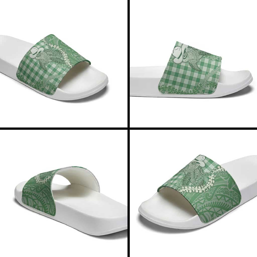 Green Hawaii Palaka Cowboy Turtle Slide Sandals Hawaiian Paniolo Puakenikeni Maile Lei - Polynesian Pride