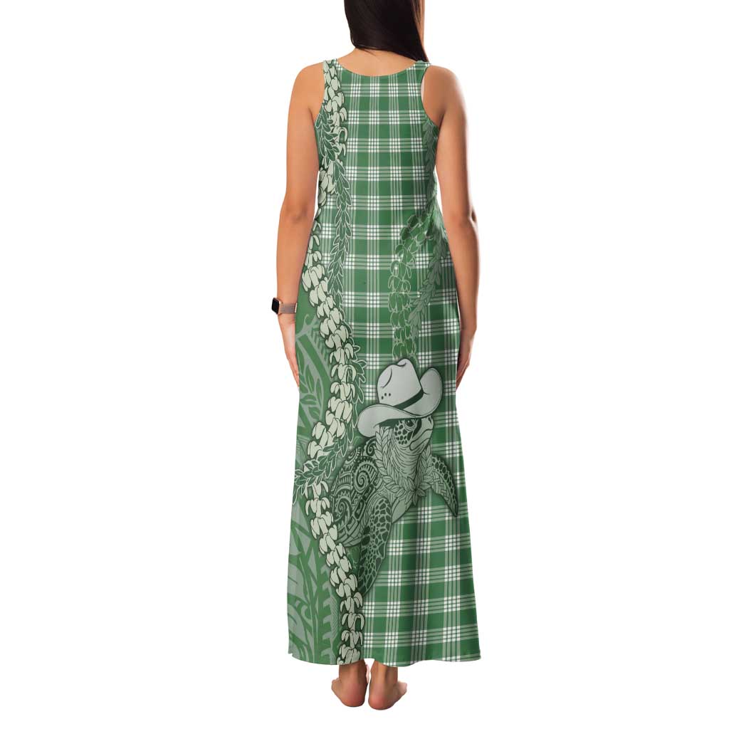 Green Hawaii Palaka Cowboy Turtle Tank Maxi Dress Hawaiian Paniolo Puakenikeni Maile Lei - Polynesian Pride