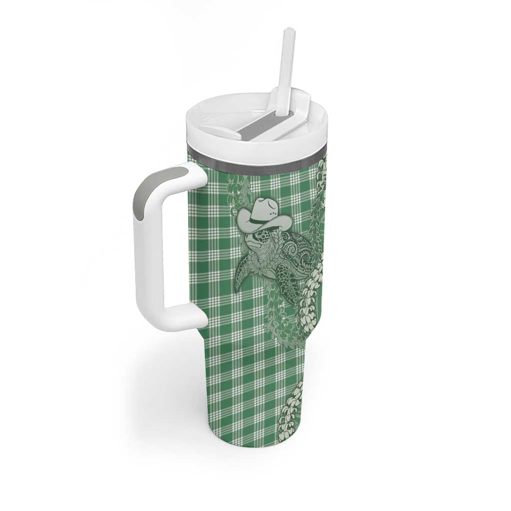 Green Hawaii Palaka Cowboy Turtle Tumbler With Handle Hawaiian Paniolo Puakenikeni Maile Lei - Polynesian Pride