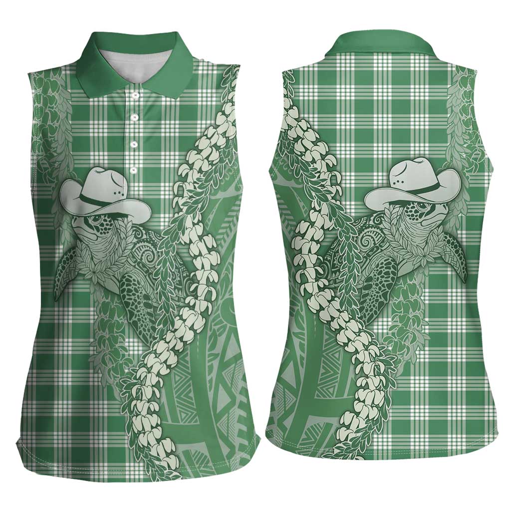Green Hawaii Palaka Cowboy Turtle Women Sleeveless Polo Shirt Hawaiian Paniolo Puakenikeni Maile Lei - Polynesian Pride