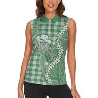 Green Hawaii Palaka Cowboy Turtle Women Sleeveless Polo Shirt Hawaiian Paniolo Puakenikeni Maile Lei - Polynesian Pride