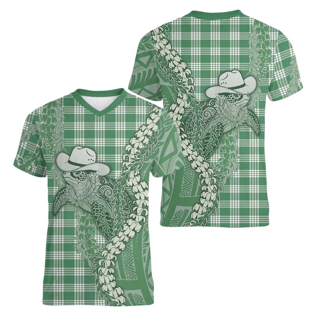 Green Hawaii Palaka Cowboy Turtle Women V-Neck T-Shirt Hawaiian Paniolo Puakenikeni Maile Lei - Polynesian Pride