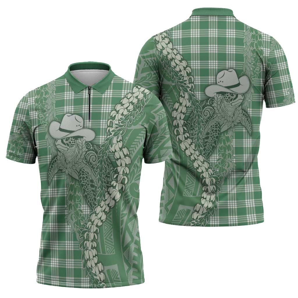 Green Hawaii Palaka Cowboy Turtle Zipper Polo Shirt Hawaiian Paniolo Puakenikeni Maile Lei - Polynesian Pride