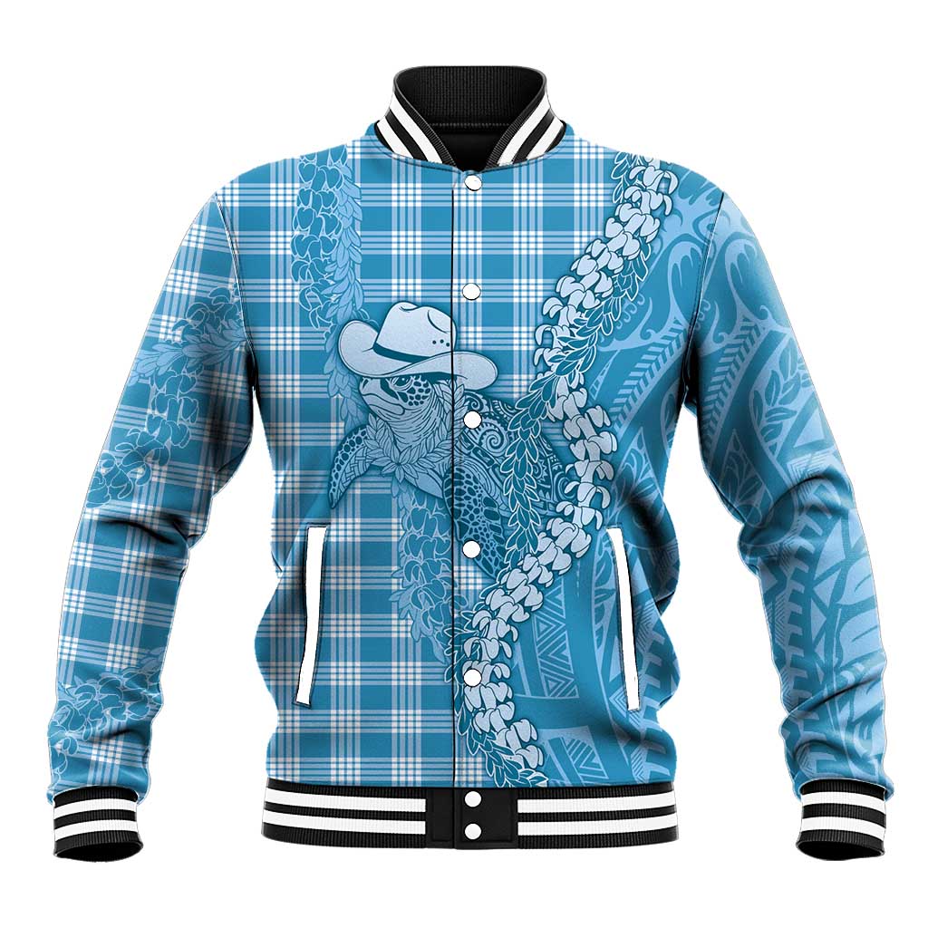 Blue Hawaii Palaka Cowboy Turtle Baseball Jacket Hawaiian Paniolo Puakenikeni Maile Lei - Polynesian Pride