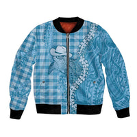 Blue Hawaii Palaka Cowboy Turtle Bomber Jacket Hawaiian Paniolo Puakenikeni Maile Lei - Polynesian Pride