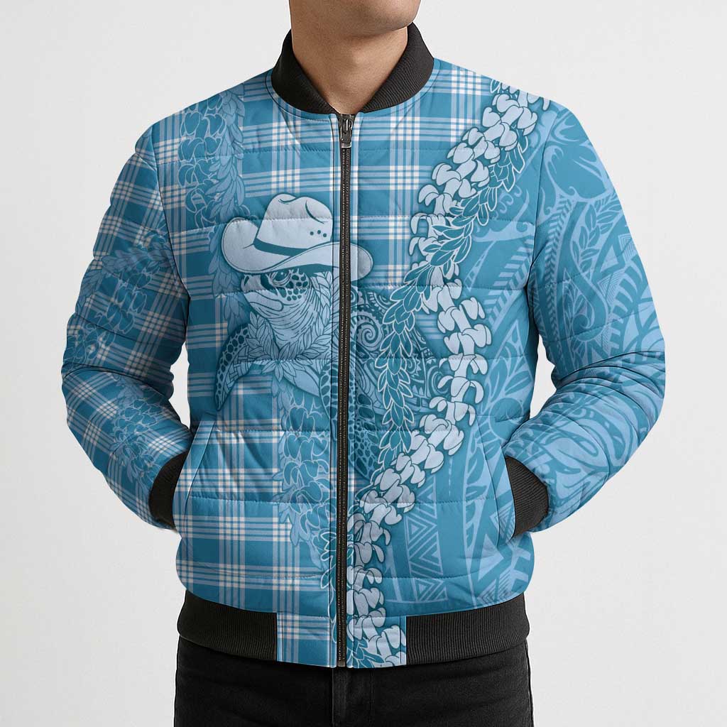 Blue Hawaii Palaka Cowboy Turtle Bomber Puffer Jacket Hawaiian Paniolo Puakenikeni Maile Lei - Polynesian Pride