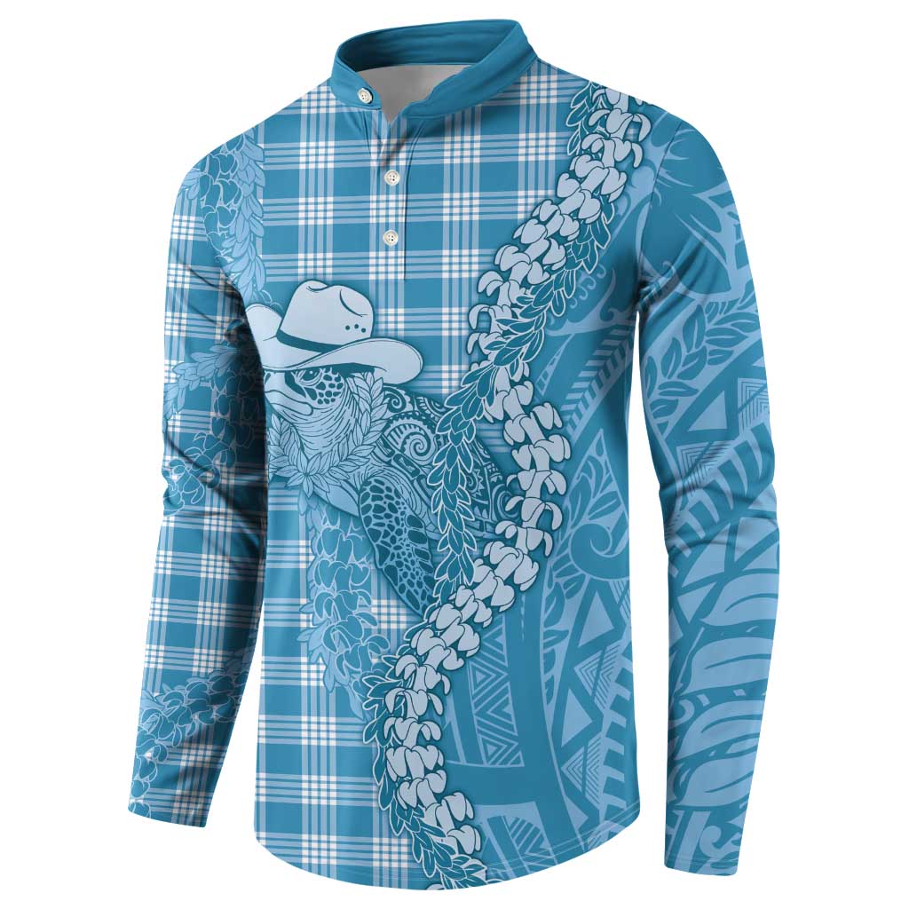 Blue Hawaii Palaka Cowboy Turtle Button Sweatshirt Hawaiian Paniolo Puakenikeni Maile Lei - Polynesian Pride