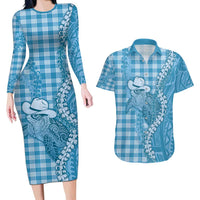 Blue Hawaii Palaka Cowboy Turtle Couples Matching Long Sleeve Bodycon Dress and Hawaiian Shirt Hawaiian Paniolo Puakenikeni Maile Lei - Polynesian Pride