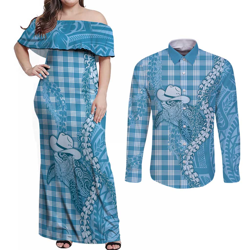 Blue Hawaii Palaka Cowboy Turtle Couples Matching Off Shoulder Maxi Dress and Long Sleeve Button Shirt Hawaiian Paniolo Puakenikeni Maile Lei - Polynesian Pride