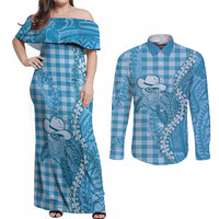 Blue Hawaii Palaka Cowboy Turtle Couples Matching Off Shoulder Maxi Dress and Long Sleeve Button Shirt Hawaiian Paniolo Puakenikeni Maile Lei - Polynesian Pride