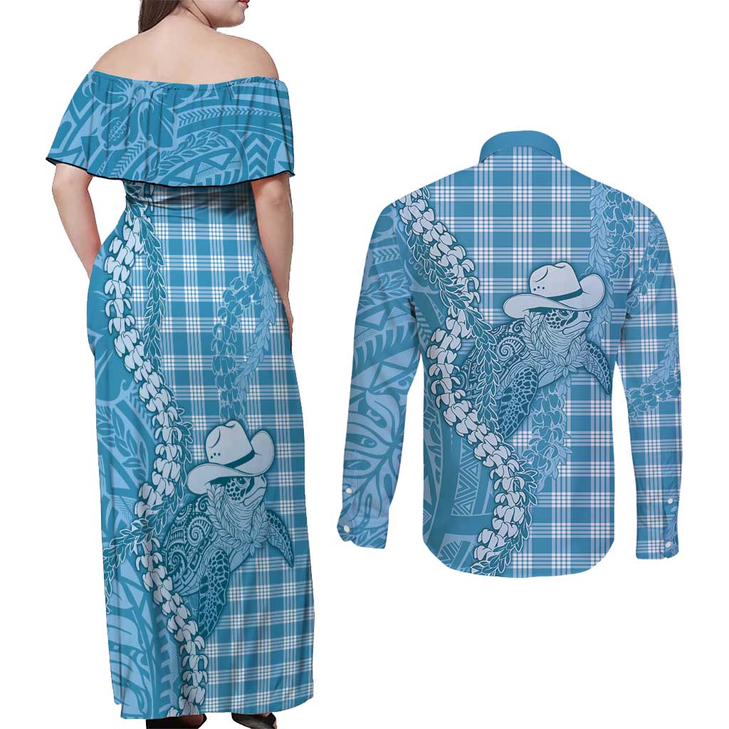 Blue Hawaii Palaka Cowboy Turtle Couples Matching Off Shoulder Maxi Dress and Long Sleeve Button Shirt Hawaiian Paniolo Puakenikeni Maile Lei - Polynesian Pride