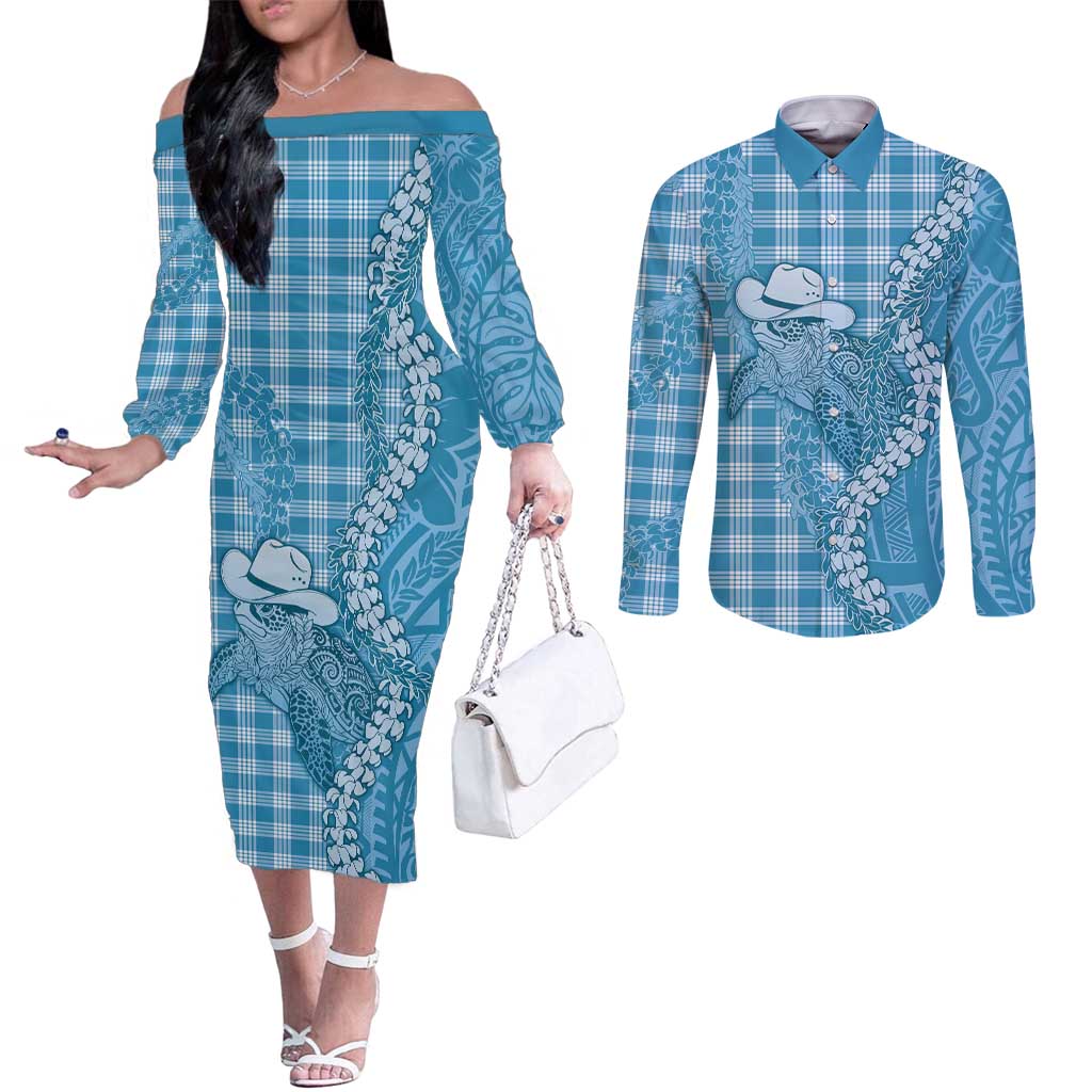 Blue Hawaii Palaka Cowboy Turtle Couples Matching Off The Shoulder Long Sleeve Dress and Long Sleeve Button Shirt Hawaiian Paniolo Puakenikeni Maile Lei - Polynesian Pride