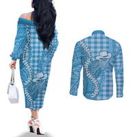 Blue Hawaii Palaka Cowboy Turtle Couples Matching Off The Shoulder Long Sleeve Dress and Long Sleeve Button Shirt Hawaiian Paniolo Puakenikeni Maile Lei - Polynesian Pride