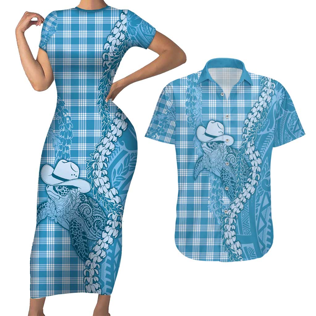 Blue Hawaii Palaka Cowboy Turtle Couples Matching Short Sleeve Bodycon Dress and Hawaiian Shirt Hawaiian Paniolo Puakenikeni Maile Lei - Polynesian Pride