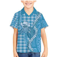 Blue Hawaii Palaka Cowboy Turtle Family Matching Mermaid Dress and Hawaiian Shirt Hawaiian Paniolo Puakenikeni Maile Lei - Polynesian Pride