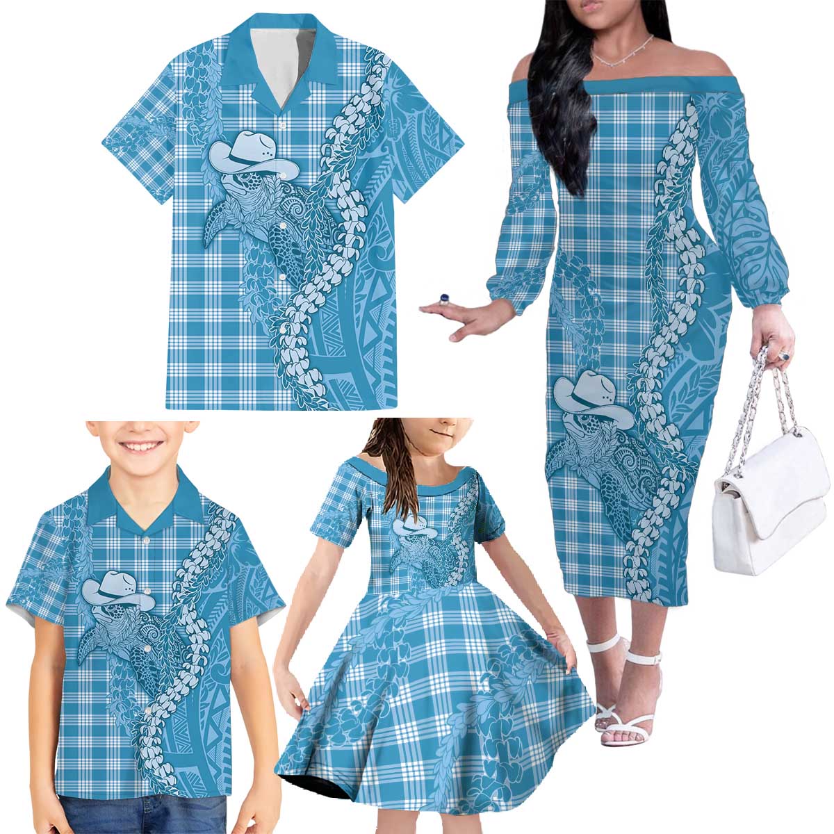 Blue Hawaii Palaka Cowboy Turtle Family Matching Off The Shoulder Long Sleeve Dress and Hawaiian Shirt Hawaiian Paniolo Puakenikeni Maile Lei - Polynesian Pride