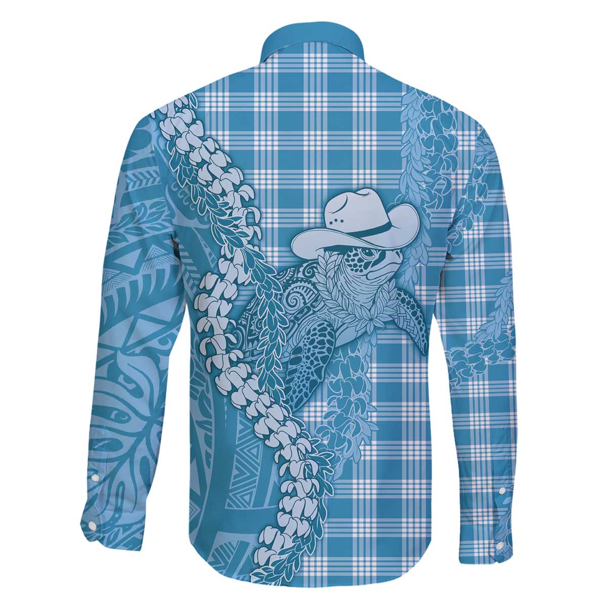 Blue Hawaii Palaka Cowboy Turtle Family Matching Off The Shoulder Long Sleeve Dress and Hawaiian Shirt Hawaiian Paniolo Puakenikeni Maile Lei - Polynesian Pride