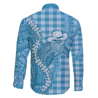 Blue Hawaii Palaka Cowboy Turtle Family Matching Off The Shoulder Long Sleeve Dress and Hawaiian Shirt Hawaiian Paniolo Puakenikeni Maile Lei - Polynesian Pride