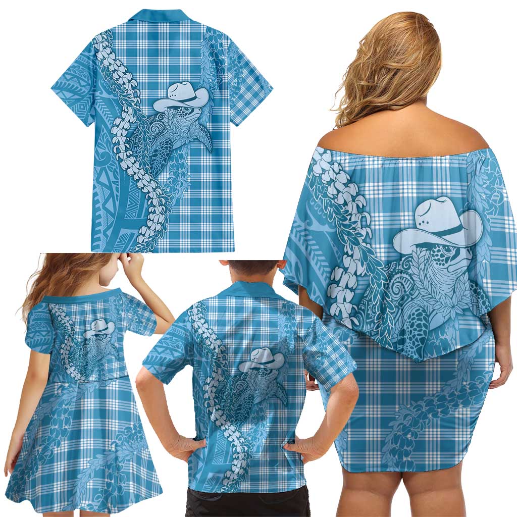 Blue Hawaii Palaka Cowboy Turtle Family Matching Off Shoulder Short Dress and Hawaiian Shirt Hawaiian Paniolo Puakenikeni Maile Lei - Polynesian Pride