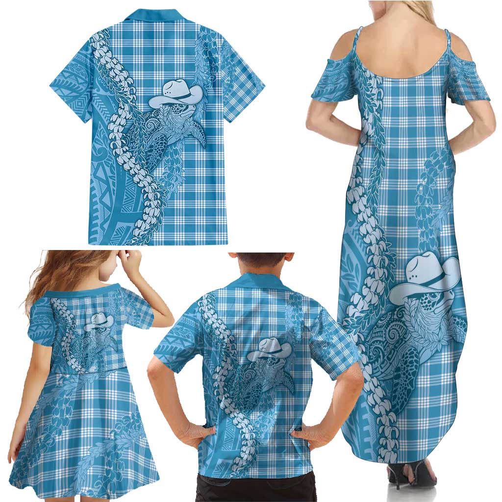 Blue Hawaii Palaka Cowboy Turtle Family Matching Summer Maxi Dress and Hawaiian Shirt Hawaiian Paniolo Puakenikeni Maile Lei - Polynesian Pride