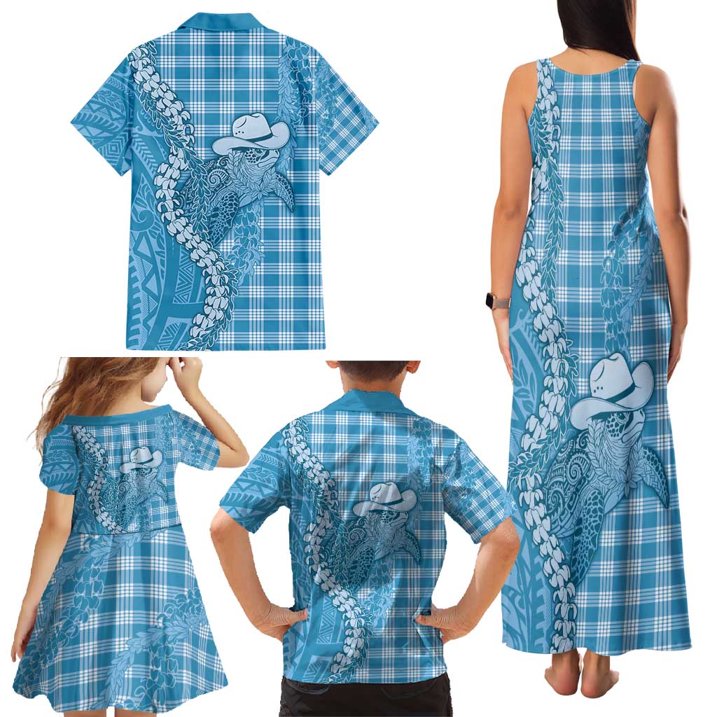 Blue Hawaii Palaka Cowboy Turtle Family Matching Tank Maxi Dress and Hawaiian Shirt Hawaiian Paniolo Puakenikeni Maile Lei - Polynesian Pride