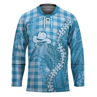 Blue Hawaii Palaka Cowboy Turtle Hockey Jersey Hawaiian Paniolo Puakenikeni Maile Lei - Polynesian Pride