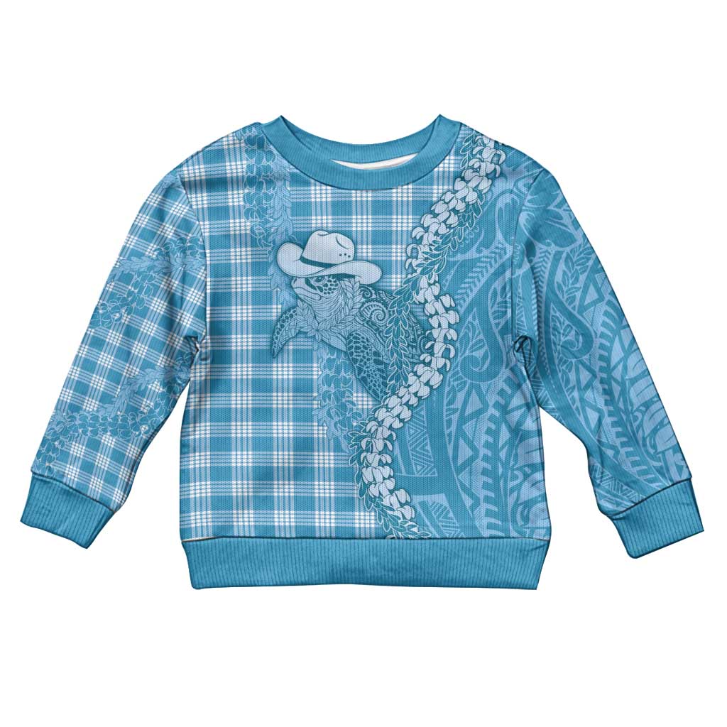 Blue Hawaii Palaka Cowboy Turtle Kid Ugly Christmas Sweater Hawaiian Paniolo Puakenikeni Maile Lei DT05 Kid Blue - Polynesian Pride