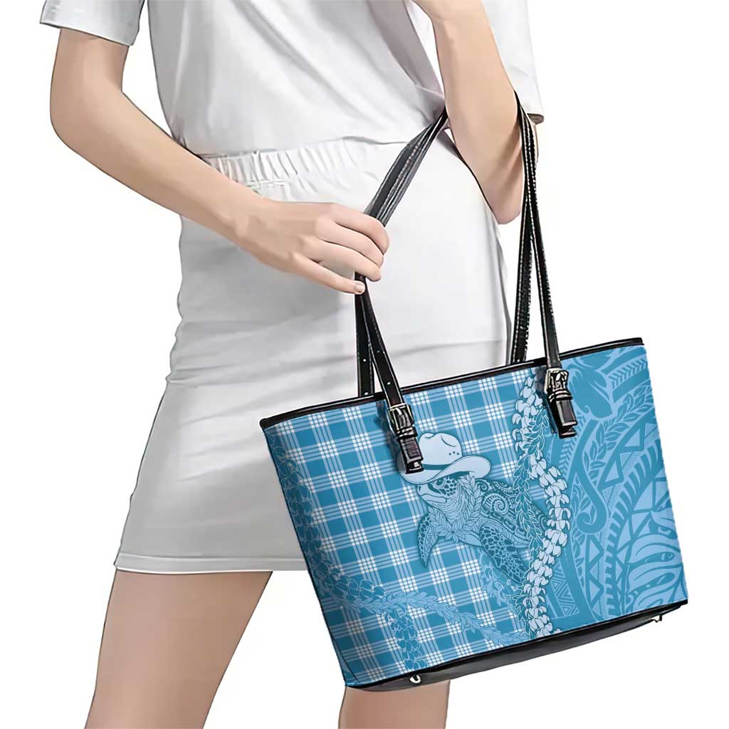 Blue Hawaii Palaka Cowboy Turtle Leather Tote Bag Hawaiian Paniolo Puakenikeni Maile Lei - Polynesian Pride