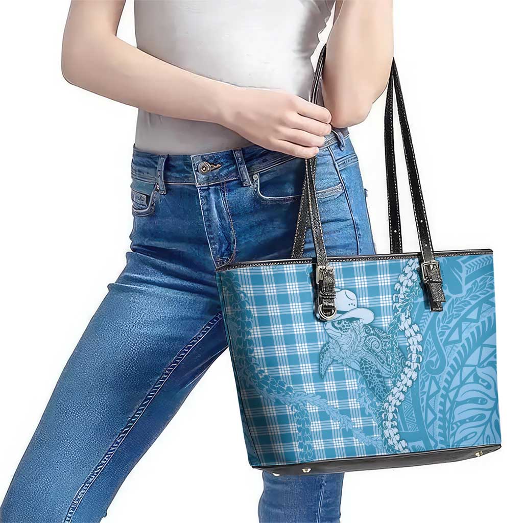 Blue Hawaii Palaka Cowboy Turtle Leather Tote Bag Hawaiian Paniolo Puakenikeni Maile Lei - Polynesian Pride
