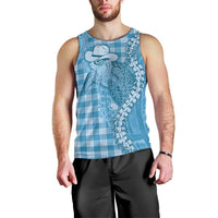 Blue Hawaii Palaka Cowboy Turtle Men Tank Top Hawaiian Paniolo Puakenikeni Maile Lei - Polynesian Pride