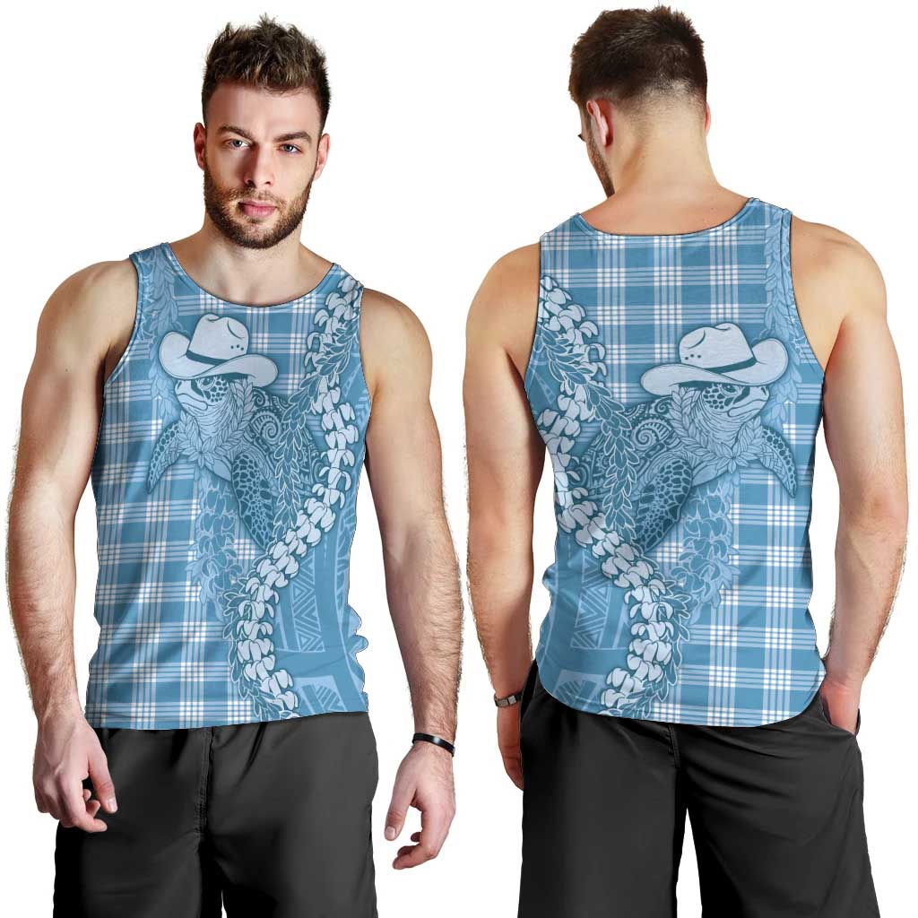 Blue Hawaii Palaka Cowboy Turtle Men Tank Top Hawaiian Paniolo Puakenikeni Maile Lei - Polynesian Pride