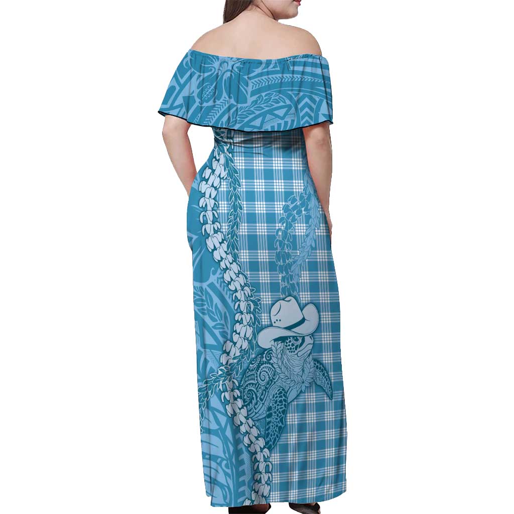 Blue Hawaii Palaka Cowboy Turtle Off Shoulder Maxi Dress Hawaiian Paniolo Puakenikeni Maile Lei - Polynesian Pride