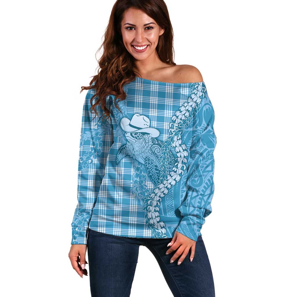 Blue Hawaii Palaka Cowboy Turtle Off Shoulder Sweater Hawaiian Paniolo Puakenikeni Maile Lei - Polynesian Pride