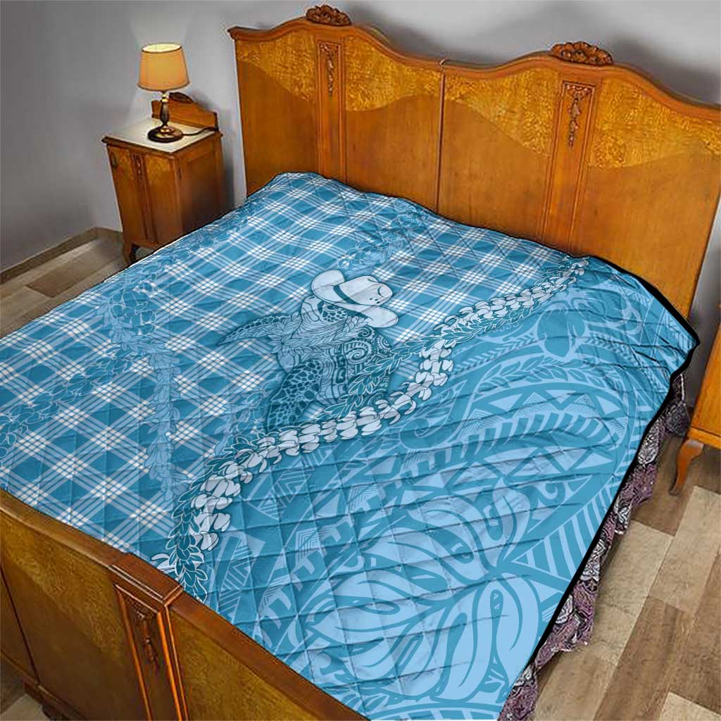 Blue Hawaii Palaka Cowboy Turtle Quilt Hawaiian Paniolo Puakenikeni Maile Lei - Polynesian Pride