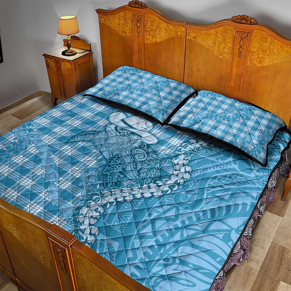 Blue Hawaii Palaka Cowboy Turtle Quilt Bed Set Hawaiian Paniolo Puakenikeni Maile Lei - Polynesian Pride