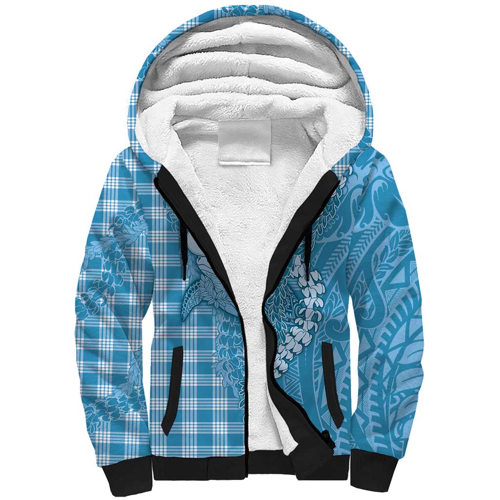 Blue Hawaii Palaka Cowboy Turtle Sherpa Hoodie Hawaiian Paniolo Puakenikeni Maile Lei - Polynesian Pride