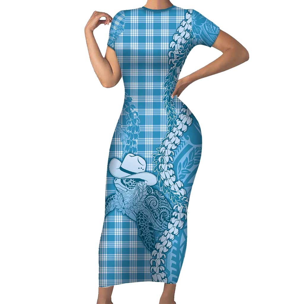 Blue Hawaii Palaka Cowboy Turtle Short Sleeve Bodycon Dress Hawaiian Paniolo Puakenikeni Maile Lei - Polynesian Pride