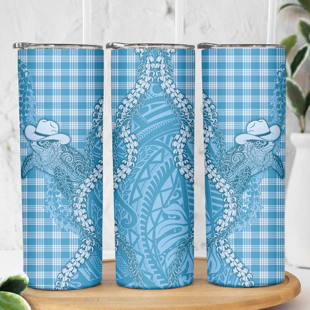 Blue Hawaii Palaka Cowboy Turtle Skinny Tumbler Hawaiian Paniolo Puakenikeni Maile Lei - Polynesian Pride