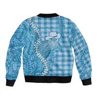 Blue Hawaii Palaka Cowboy Turtle Sleeve Zip Bomber Jacket Hawaiian Paniolo Puakenikeni Maile Lei - Polynesian Pride