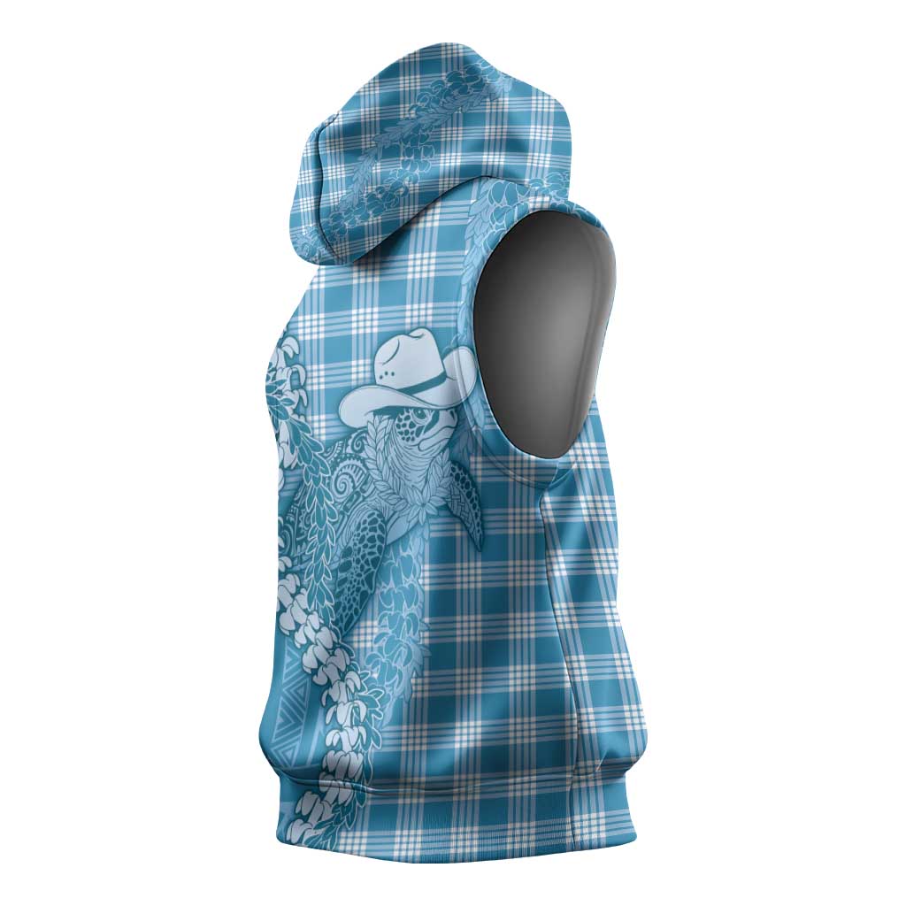 Blue Hawaii Palaka Cowboy Turtle Sleeveless Hoodie Hawaiian Paniolo Puakenikeni Maile Lei - Polynesian Pride