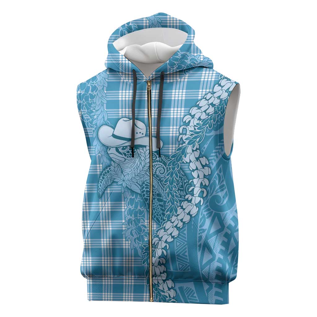 Blue Hawaii Palaka Cowboy Turtle Sleeveless Zip Hoodie Hawaiian Paniolo Puakenikeni Maile Lei - Polynesian Pride