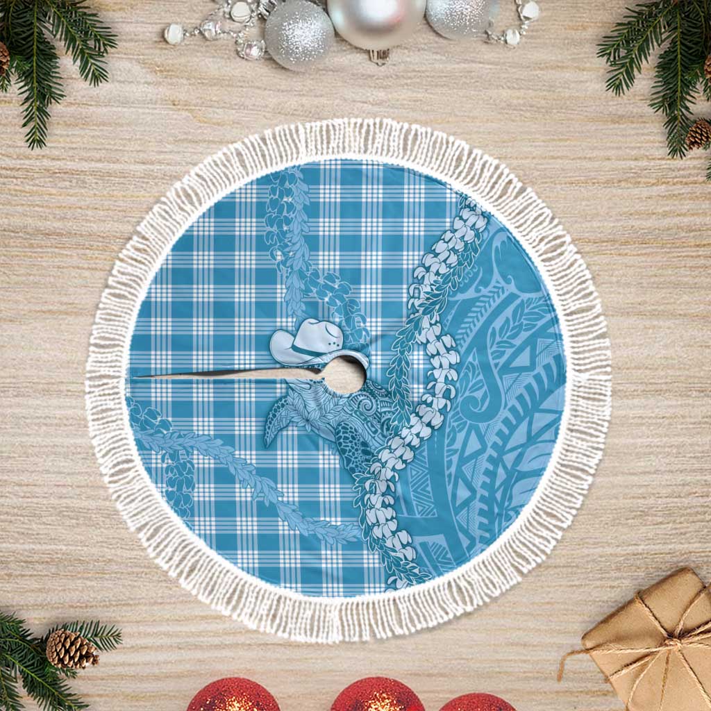 Blue Hawaii Palaka Cowboy Turtle Tree Skirt Hawaiian Paniolo Puakenikeni Maile Lei DT05 Fringed Blue - Polynesian Pride