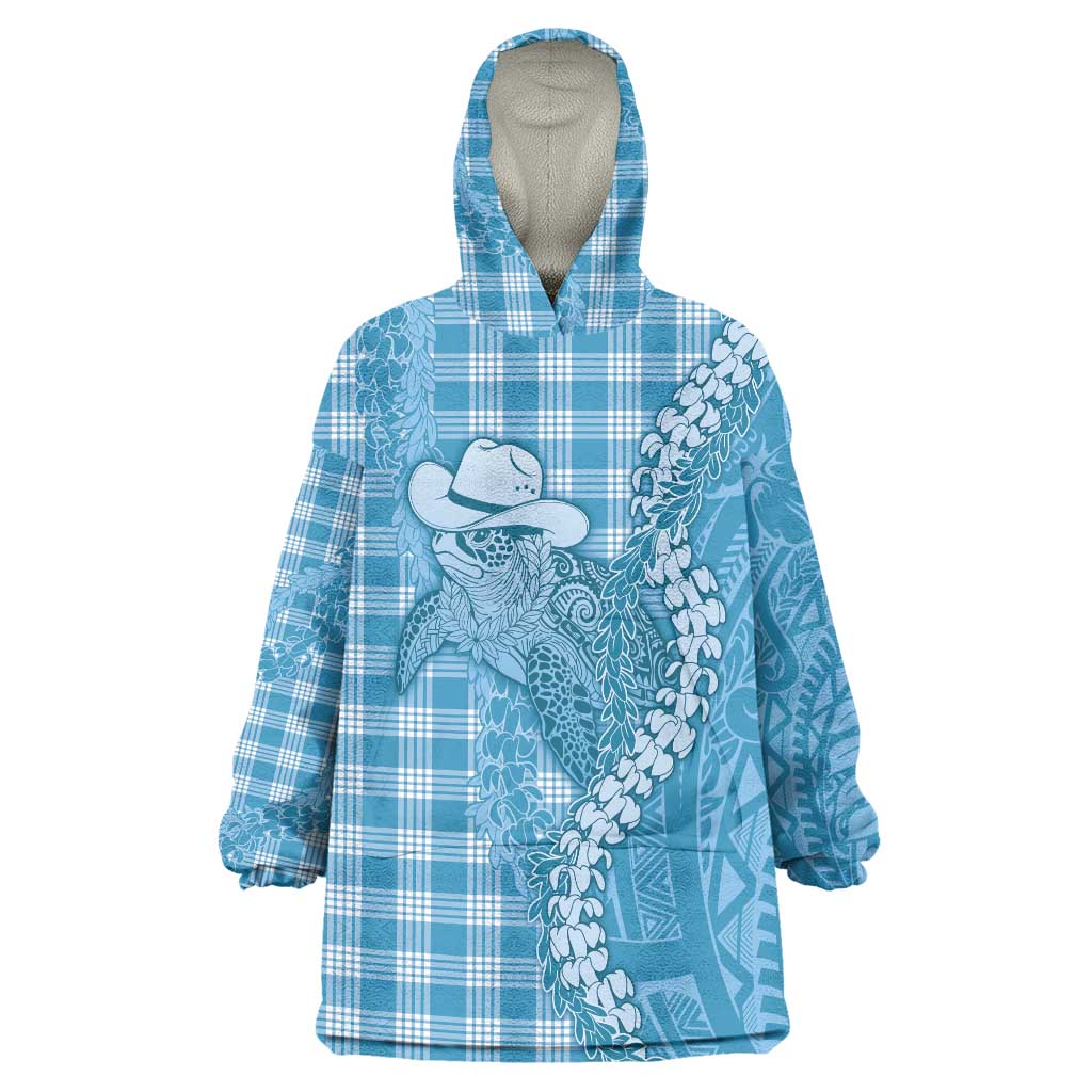 Blue Hawaii Palaka Cowboy Turtle Wearable Blanket Hoodie Hawaiian Paniolo Puakenikeni Maile Lei - Polynesian Pride