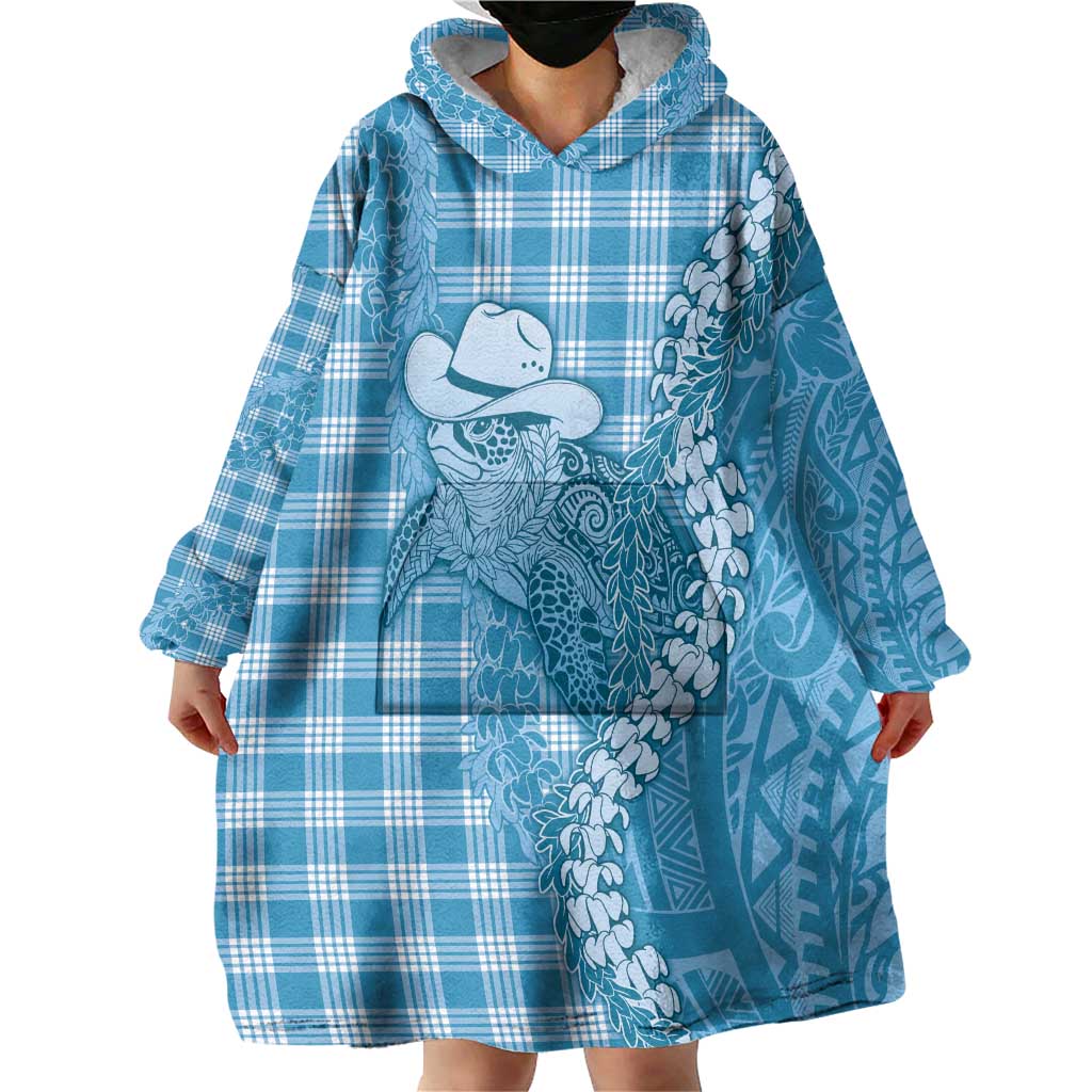 Blue Hawaii Palaka Cowboy Turtle Wearable Blanket Hoodie Hawaiian Paniolo Puakenikeni Maile Lei - Polynesian Pride